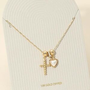 18K Gold Dipped Beaded Cross Pearl Heart Charm Pendant Necklace